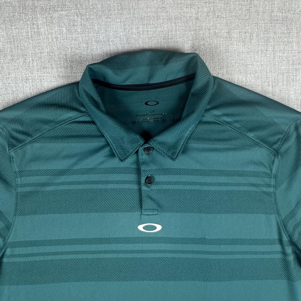 Oakley Polo Shirt Mens Large Green Striped Golf Performance Regular Fit Logo